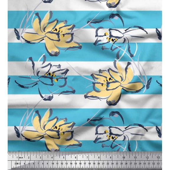 Soimoi Blue Cotton Duck Fabric Stripe & Sketch Lotus Floral Printed Craft Fabric by the Yard 42 Inch Wide