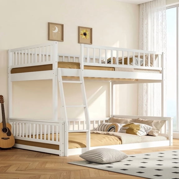 Full XL-Over-Queen Size Wooden Kids/Teens Bunk Bed with Ladder and Guardrails, Minimalist Designed Detachable Bed Frame