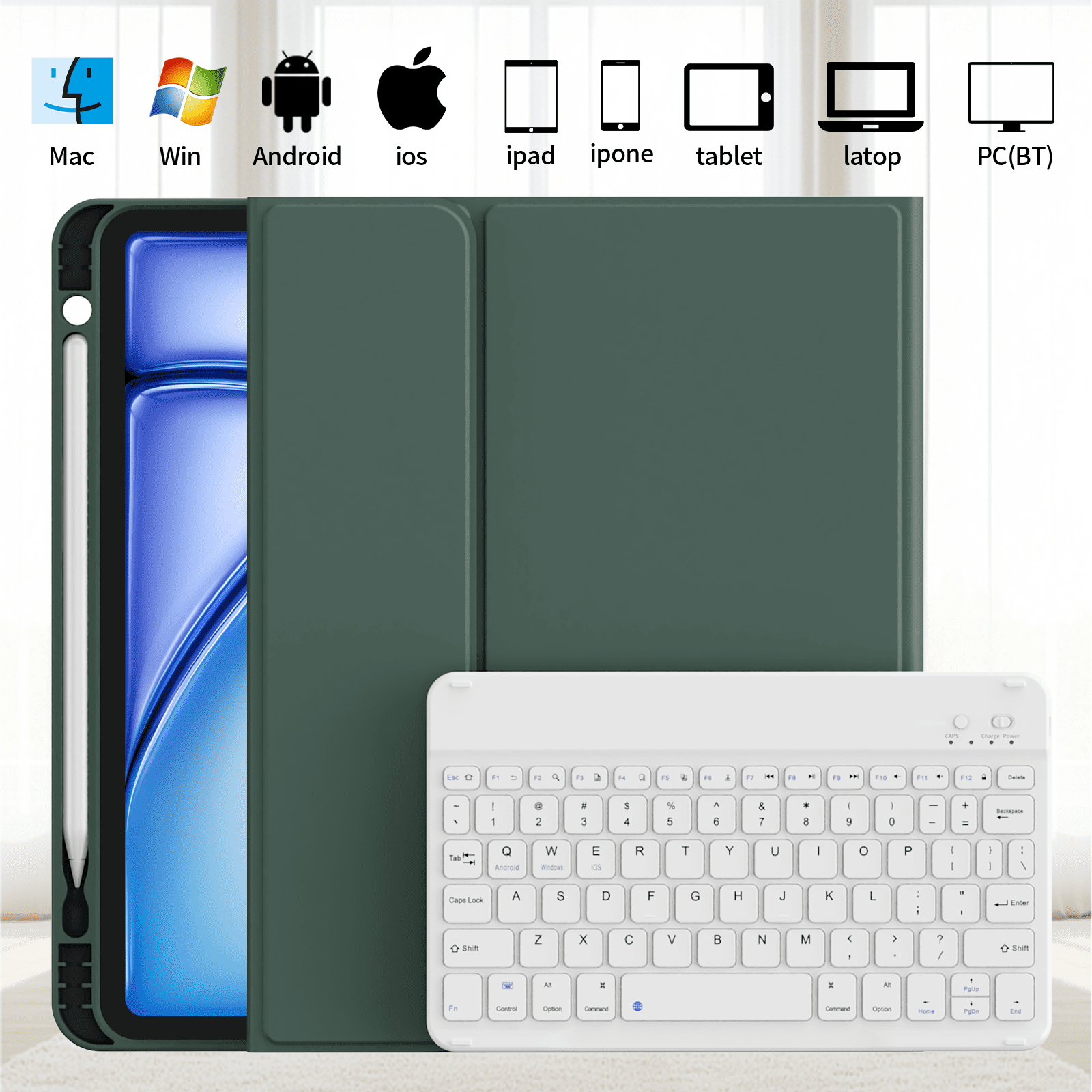 KVTVOU Keyboard Case for iPad Air 11 inch M2/M3 (2024/2025), iPad Air 5th/4th Generation (2022/2020) 10.9 inch, Detachable Wireless Bluetooth Keyboard, Stand Folio Cover with Pencil Holder, Green