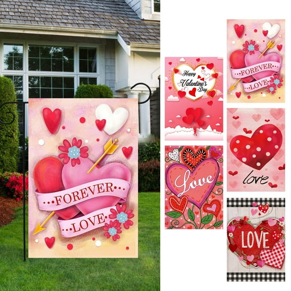 Happy Valentine's Day Garden Flag 12x18 Inch Double Sided For Outside Red Plaid Love Tulip Hearts Memorial Day Holiday Yard Decoration Small Flags