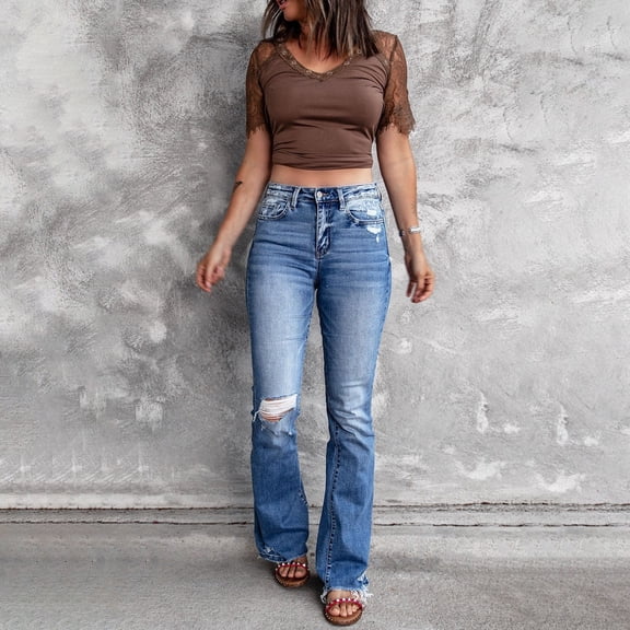 ZenCart High Waisted Bell Bottom Jeans for Women Ripped Bootcut Flared Jeans Elastic Denim Pants for Spring Summer