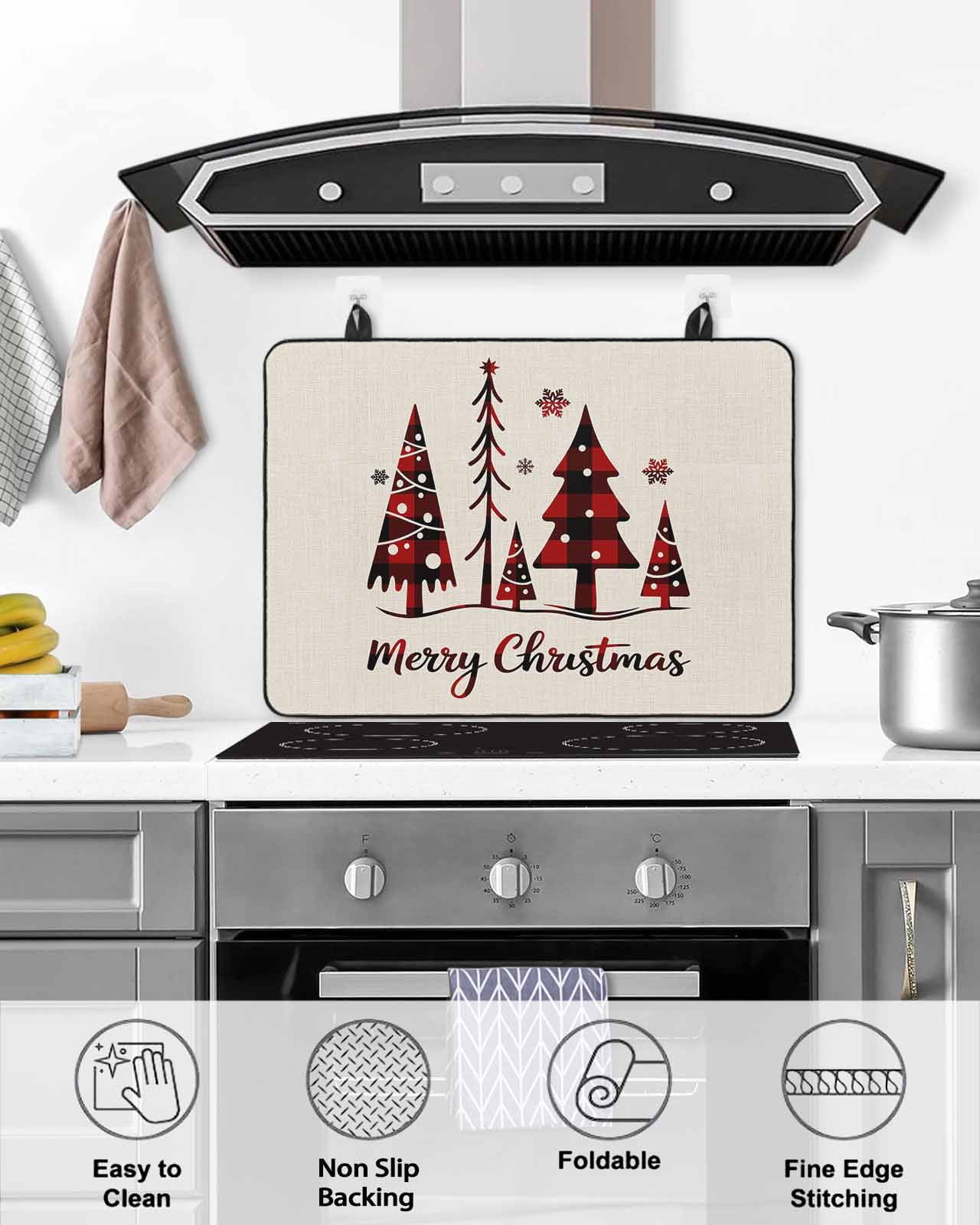 Large Induction Cooktop Protector Mat Christmas Tree Stove Top Covers for Electric Stove, Xmas Red Buffalo Plaid Snowflakes Vintage Decorative Stove Burner Cover Mats, Glass Top Stove Cover