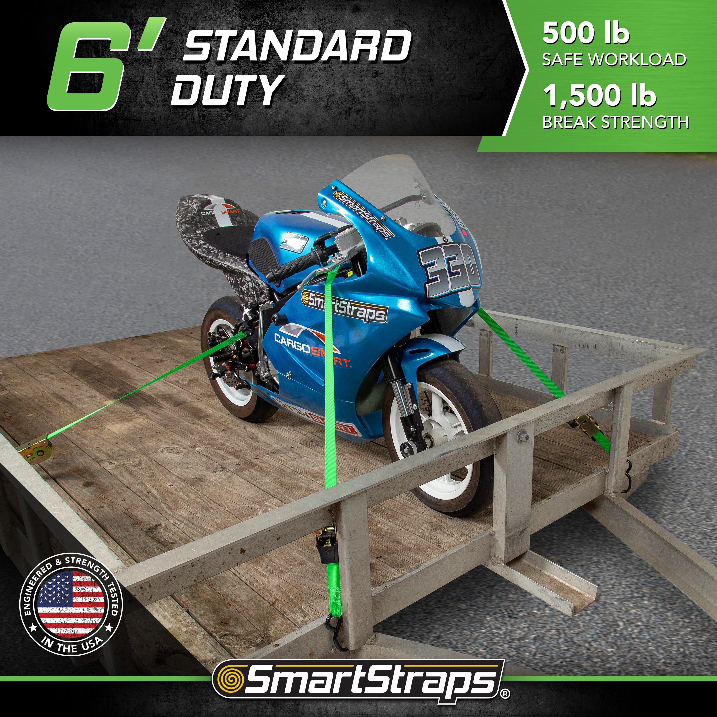 SmartStraps Retractable Ratchet Tie Down Straps, 1" x 6 ft, 500 lb Safe Work Load, 1,500 lb Break Strength, Green, 4-Pack