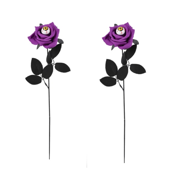 Bloody Eyeball Rose Stems, Purple Artificial Flowers with Realistic Eye Decor for Halloween Party Table Vase Arrangement and Haunted House Scene Decoration, 2 Pcs