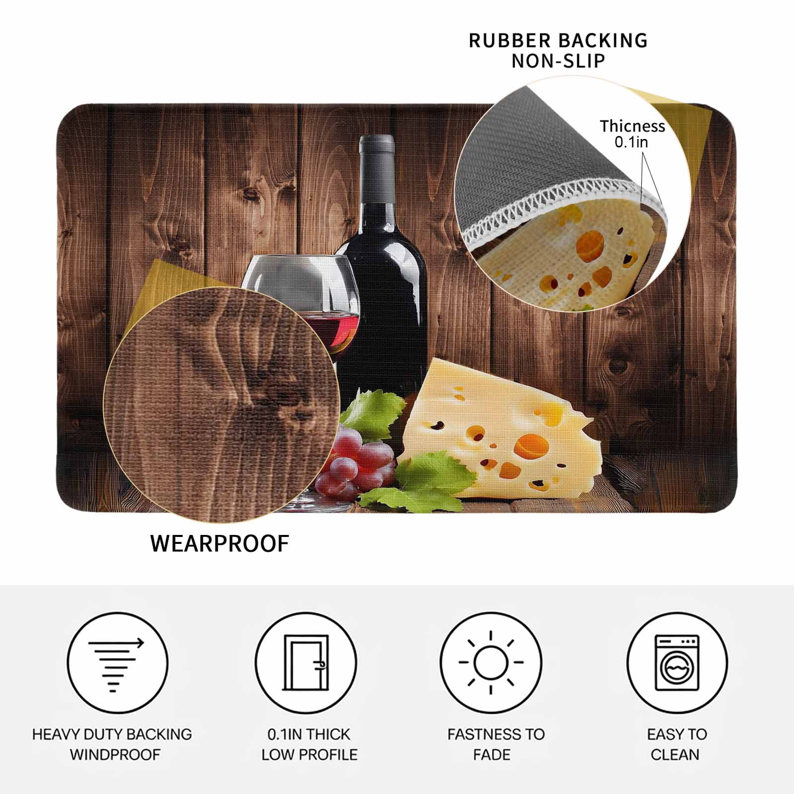 Wine Cheese Doormat Outdoor Entrance 18"x30", Grapes Farmhouse Brown Wooden Plank Absorb Moisture Dirt Door Mats, Non-Slip Rubber Backing Floor Mats Indoor, Low-Profile Front Door Rugs