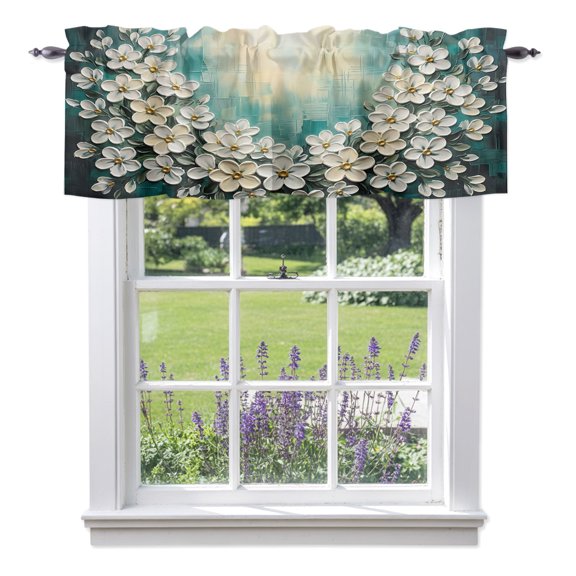 White Petals Valance Curtains, Rustic Vintage Plaster Relief Floral Teal Background Light Filtering Valance Curtains Window Rod Pocket Treatment for Kitchen Bathroom 1 Panel 60x14in