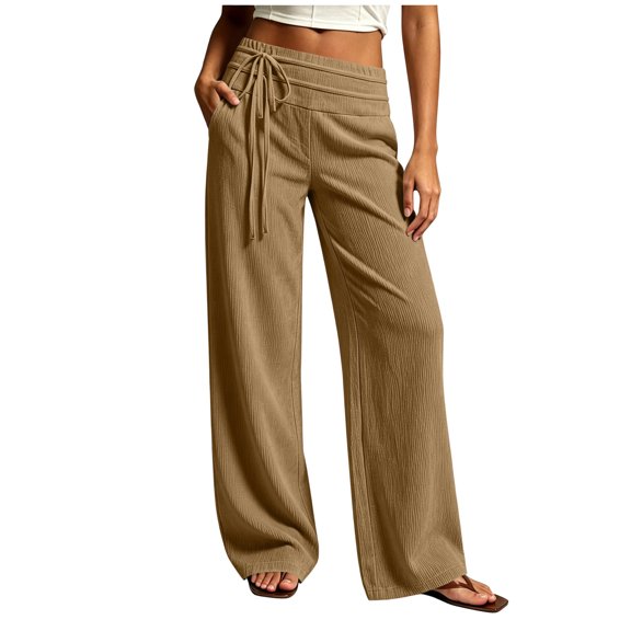 TEAJOPSUU Wide Leg Pants for Women Comfy Corduroy Drawstring Elastic Waist Palazzo Trousers with Pockets Casual Daily Vacation Pants Khaki