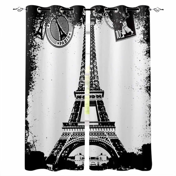 Vintage Paris Blackout Curtains for Bedroom/Living Room, Thermal Insulated Kitchen Curtains, Chic Shabby Retro Landscape Black White Grommet Darkening Window Treatment Drapes 42"x63"x2