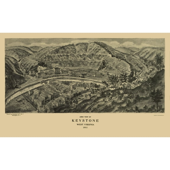 Historic Panoramic View - Keystone West Virginia - Fowler 1911 - 23 x 37.38 - Vintage Wall Art