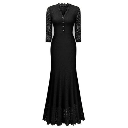 A-line Floor Length Gown Women Lace Long Maxi Formal Evening Bridesmaid Dress Wedding Cocktail Party Dresses 3/4 Sleeve Floor Length Ball Gown ()