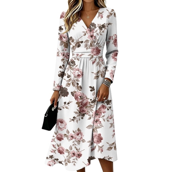 Fall Dresses for Women Floral Long Sleeve V Neck Dresses Long Loose Casual Floral Dresses