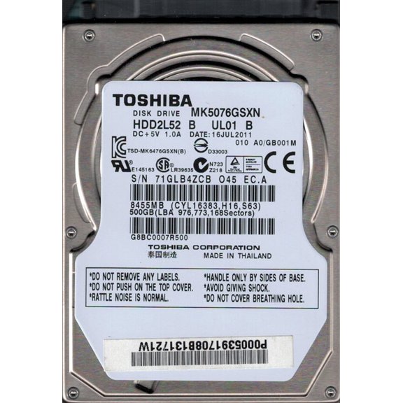 Toshiba MK5076GSXN HDD2L52 B UL01 B 500GB F/W: A0/GB001M THAILAND