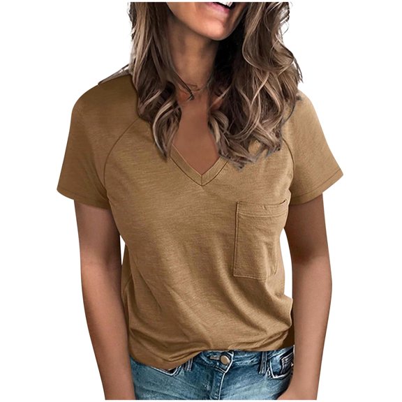 JSheng Women Tops Summer T-Shirts Short Sleeve V-neck Raglan Shoulder Short-Sleeved Solid Color Casual T-shirts Coffee XXL