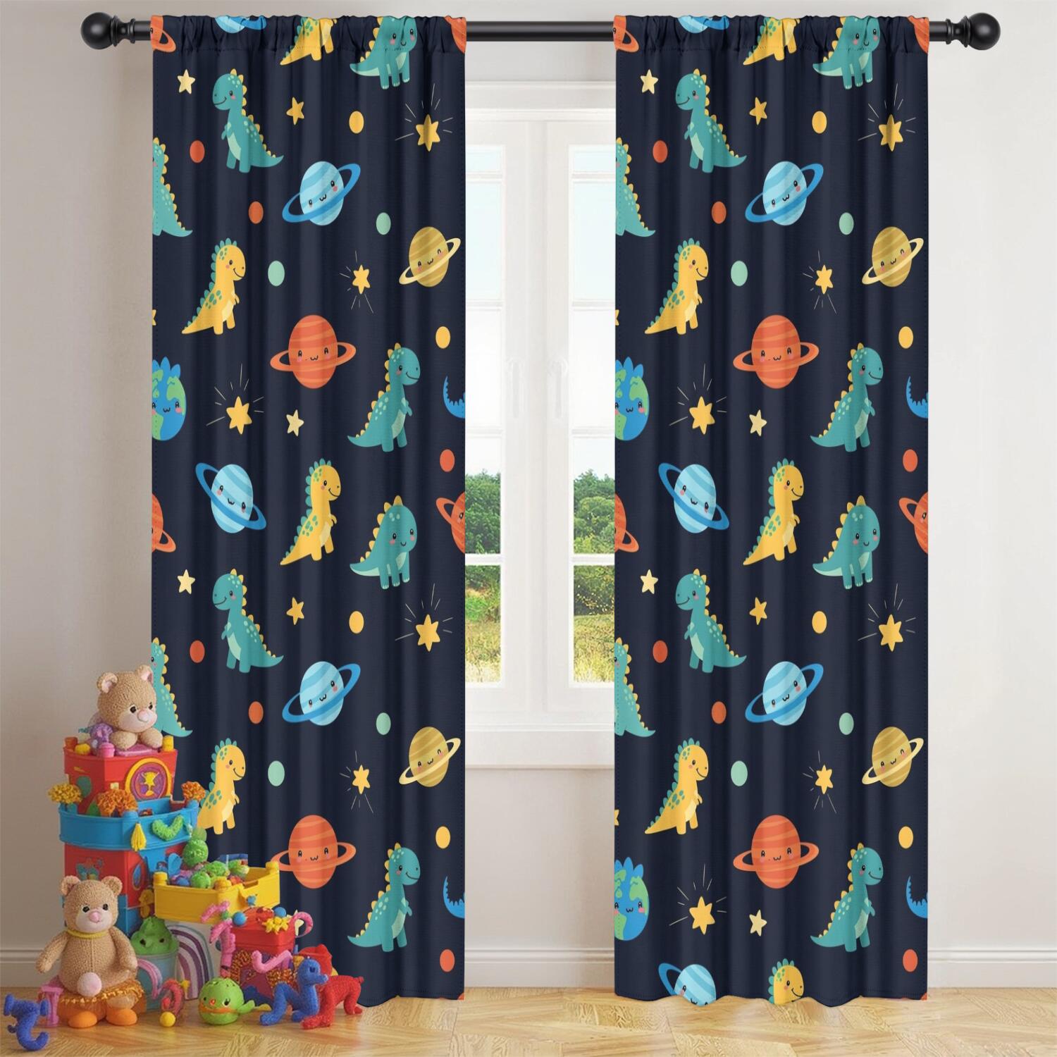 Blackout Kids Curtains,Dark Blue Dinosaurs Space Pattern Childrens Insulated Curtains Set Of 2,Bedroom Essentials,Toddler Room Decor 42"x84"