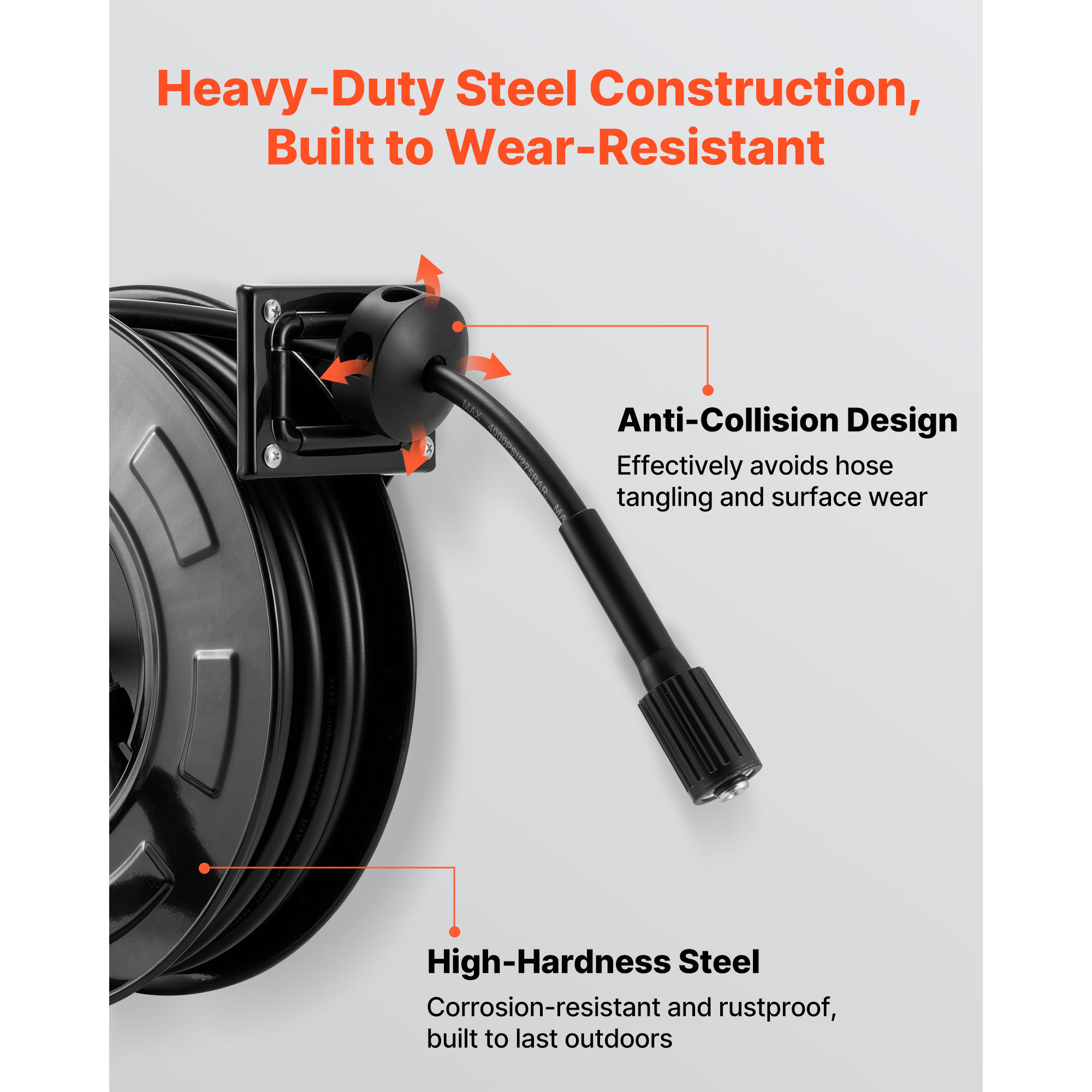 KFFKFF Pressure Washer Hose Reel, 60 ft x 1/4 inch Retractable Steel Reel for Power Washing, 4000 PSI Max, Auto-Rewind, Wall or Floor Mount for Vehicle, Garden, and Surface Cleaning