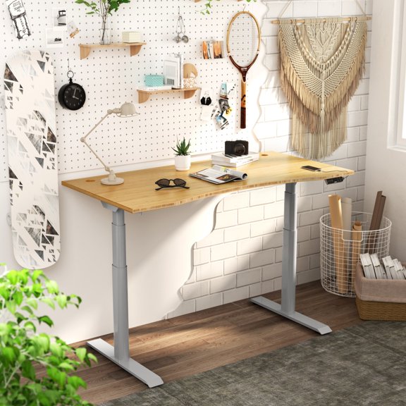 FLEXISPOT 48"x24" Dual Motors 3-Stage Height Adjustable Standing Desk Ergonomic Home Office Sit Stand Desk with USB Port, Bamboo Curved Desktop Gray Oval Frame