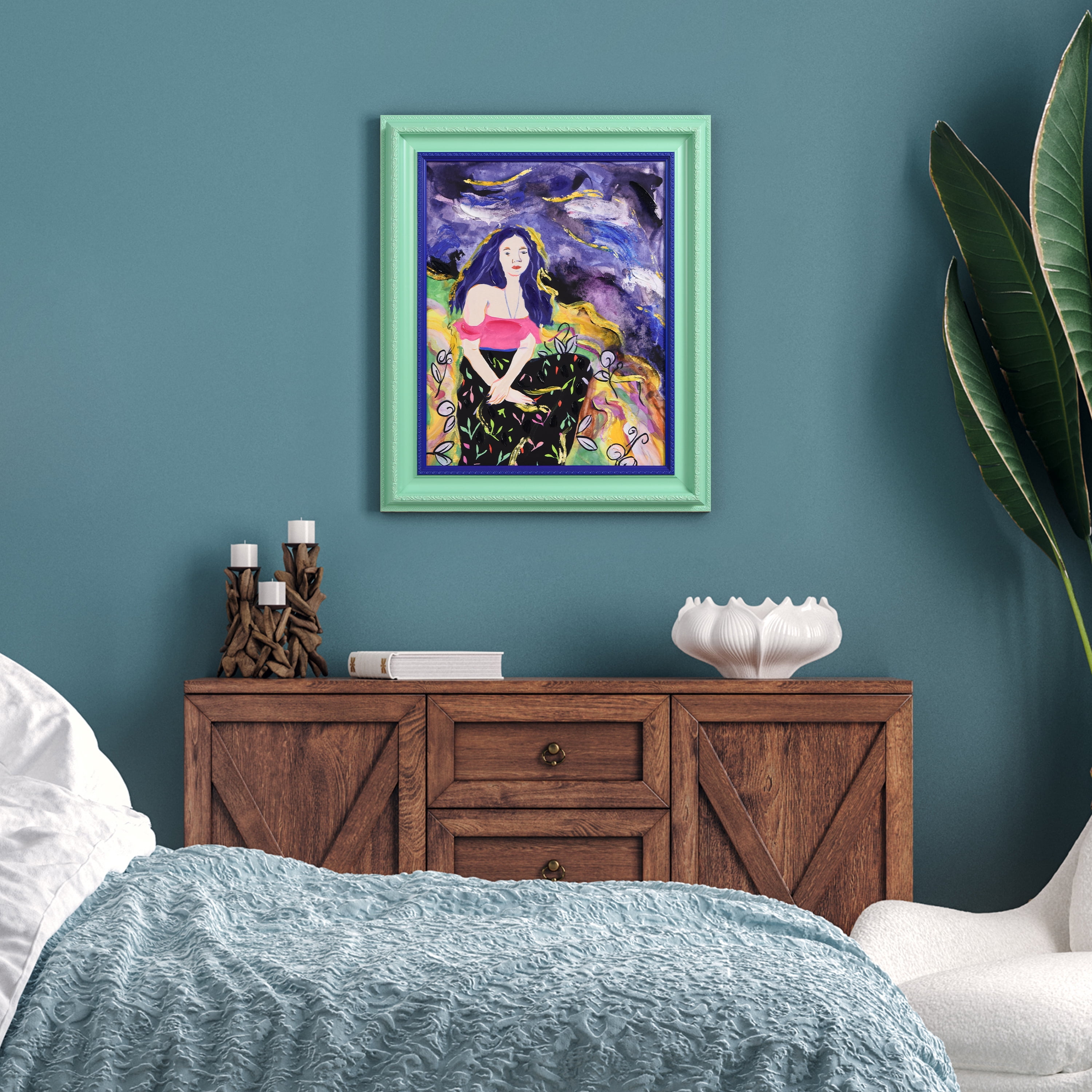 "Night Galaxy" Chromatic Hand Painted Embellished Giclee Portrait Canvas Wall Art with Baroque Two-Color Frame