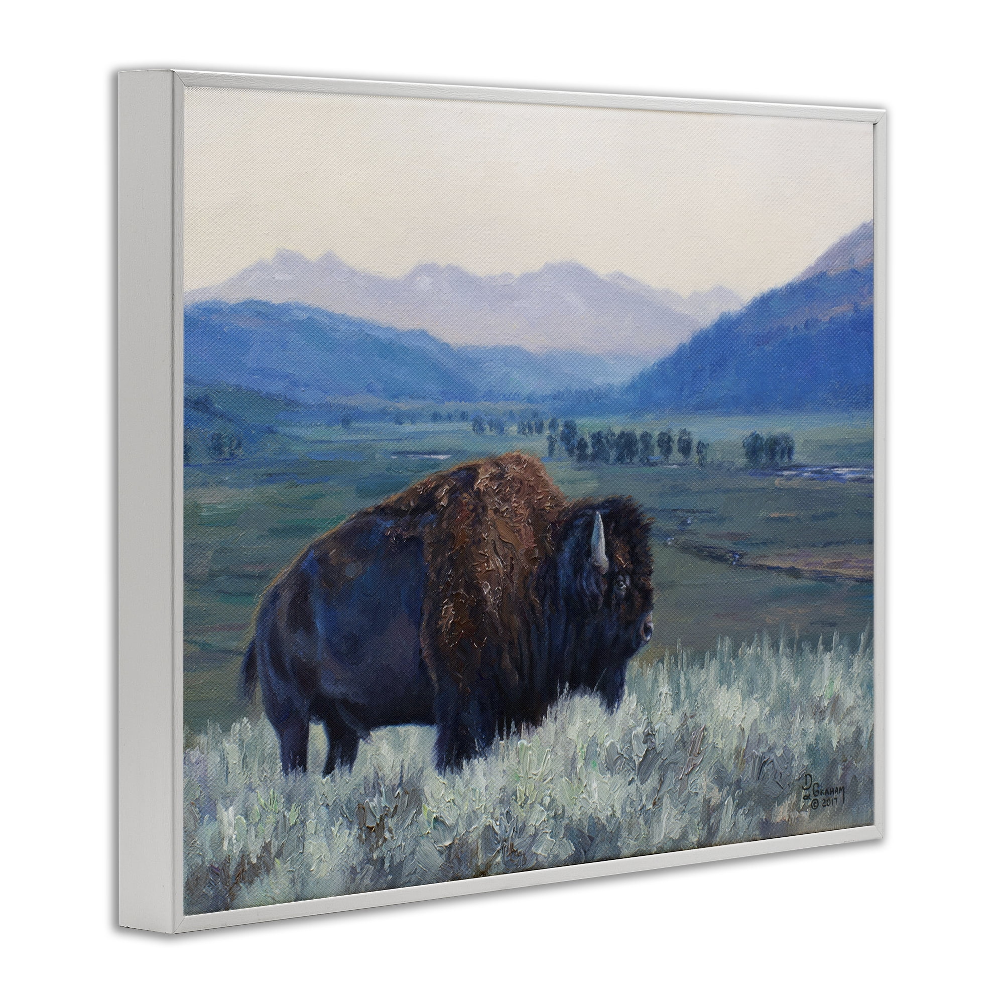 Stupell Industries Bison & Country Mountains Animals & Insects Painting White Framed Art Print Wall Art, 14 x 11