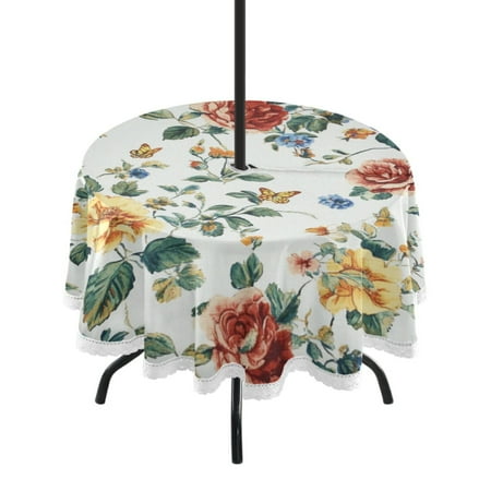 

60 Outdoor Round Tablecloth with Umbrella Hole & White Lace Trim Waterproof Patio Table Cover for Garden Kitchen Dining Beautiful Vintage Floral Pattern
