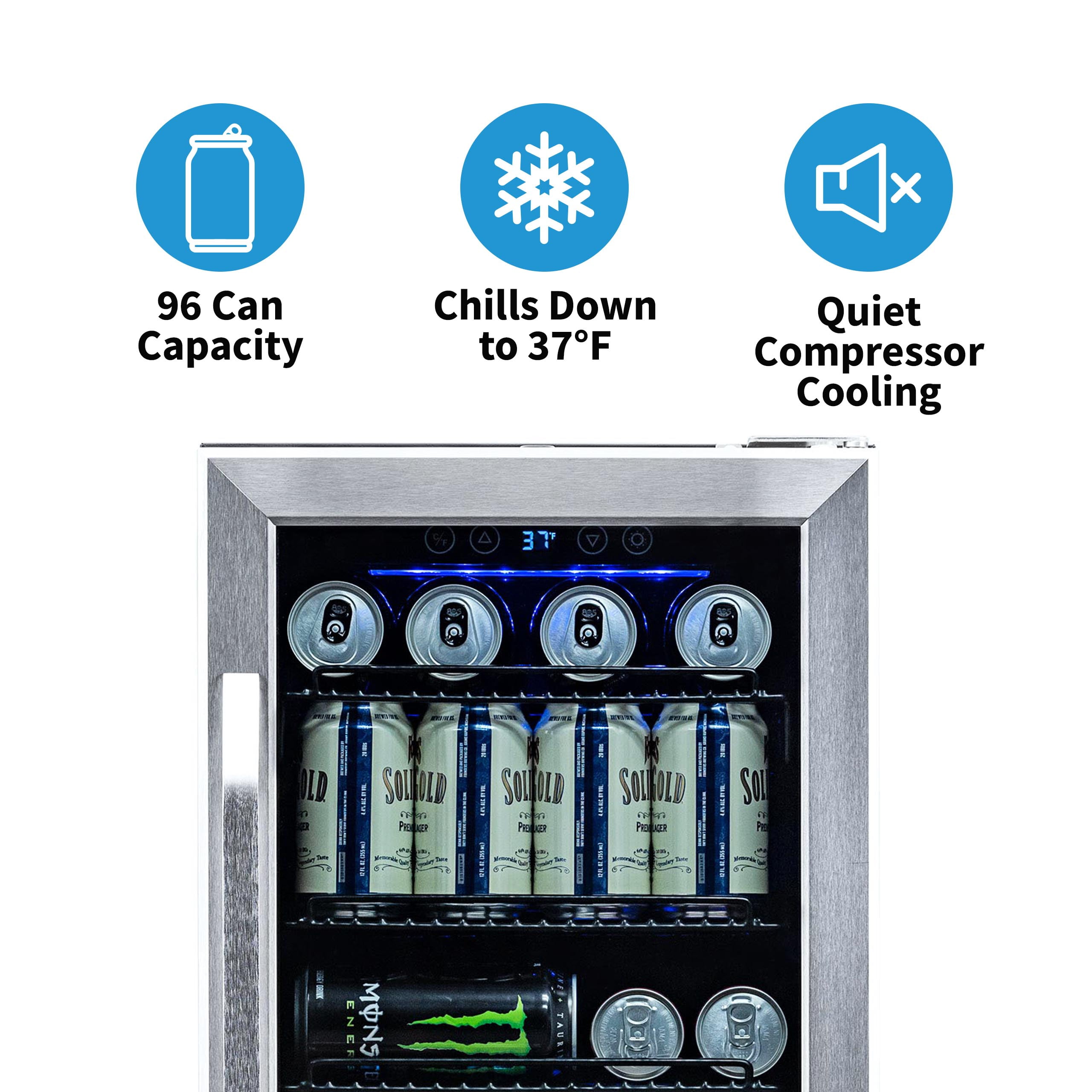 NewAir 15” Built-in 96 Can Beverage Fridge with Precision Temperature Controls and Adjustable Shelves - Black Stainless Steel