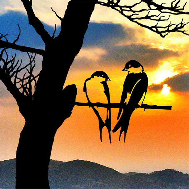 Metal Bird Silhouette Garden Art Tree, Metal Garden Art Birds