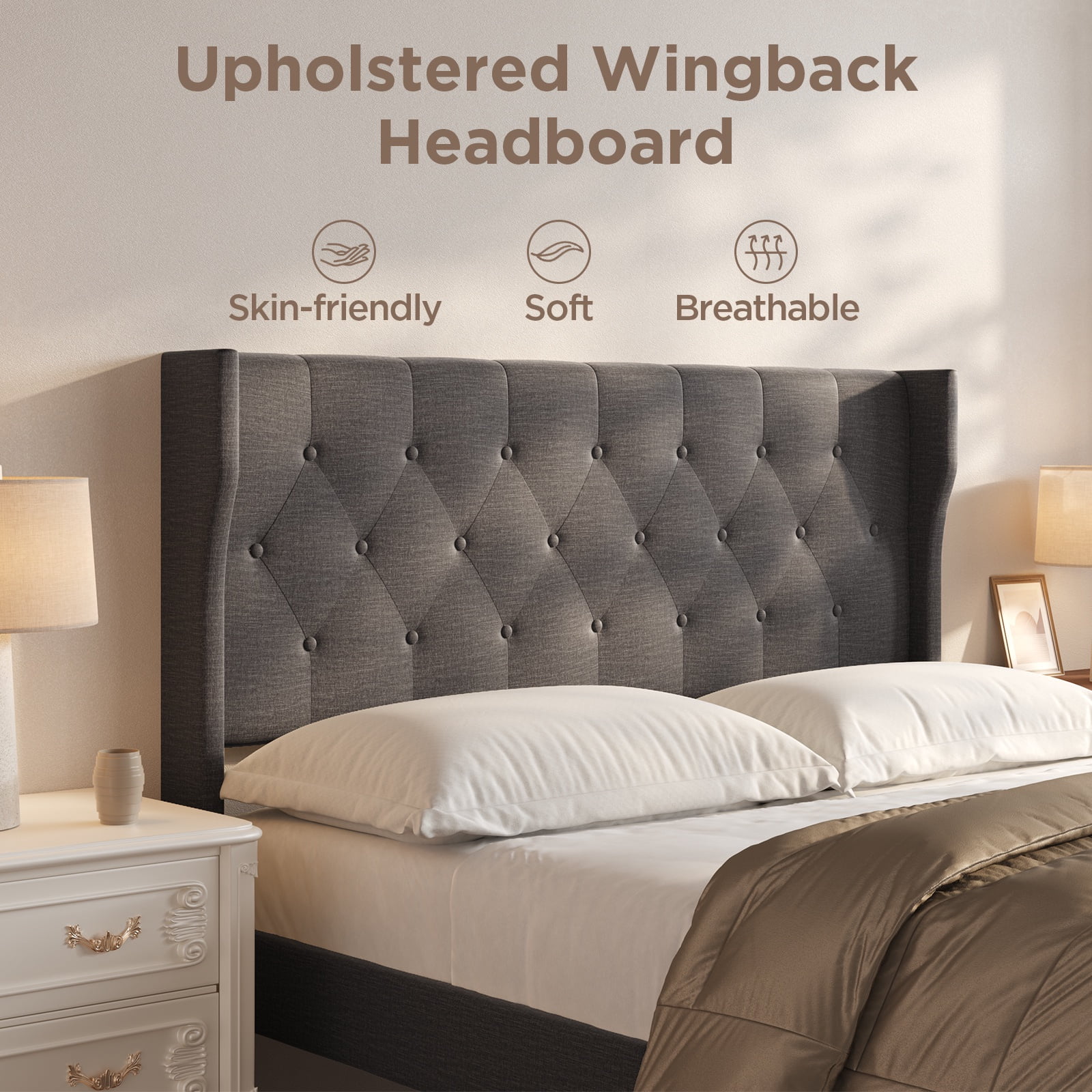 Queen Bed Frame, Queen Size Bed Frame with Wood Headboard and Footboard, Under Bed Storage, 800lbs, Gray