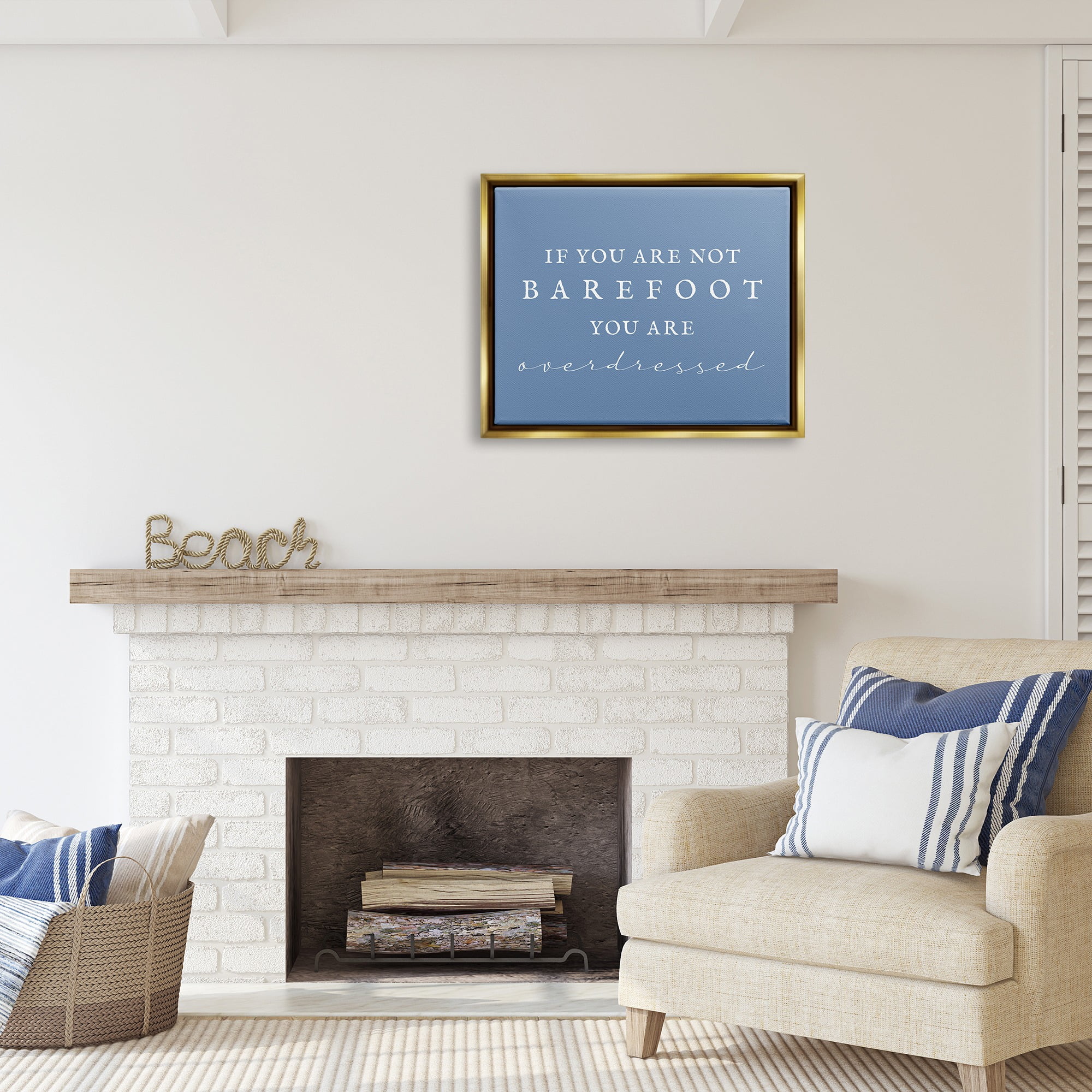 Stupell Industries Funny Barefoot Beach Phrase Inspirational Painting Gold Floater Framed Canvas Art Print Wall Art, 31 x 25