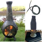 QBC Bundled Blue Rooster Dragonfly Chiminea with Natural Gas Kit, Half Round Flexbile Fire Resistent Chiminea Pad, Free Cover, and 10 ft Gas Line Gold Accent Color - Plus Free EGuide