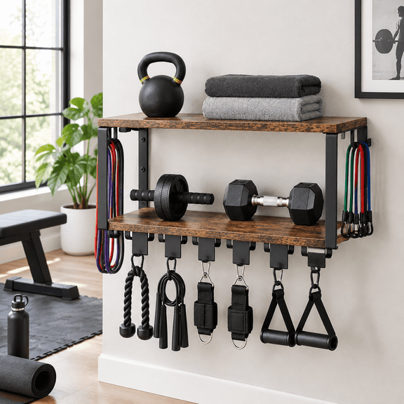 Wall Mount Home Gym Storage Rack with Yoga Mat Holder and Barbell Hanger