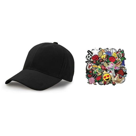 Solid Black Baseball Cap Hat with Adjustable Buckle Back, Unisex with 10 Assorted Iron On Patches