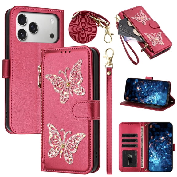ShellTech Flip Folio Wallet Case for iPhone 17 Pro Max, Women Glitter Butterfly PU Leather Phone Cover with Shoulder & Wrist Straps, Zipper Pocket Purse, Card Holders, Cash Slot & Kickstand,Rose