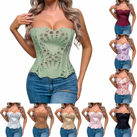 TARIENDY Lacework Croset Top for Women Strapless Lace Up Bustiers Shapewear Sheer Mesh Bustier Going Out Bodice Party Clubwear Wine L