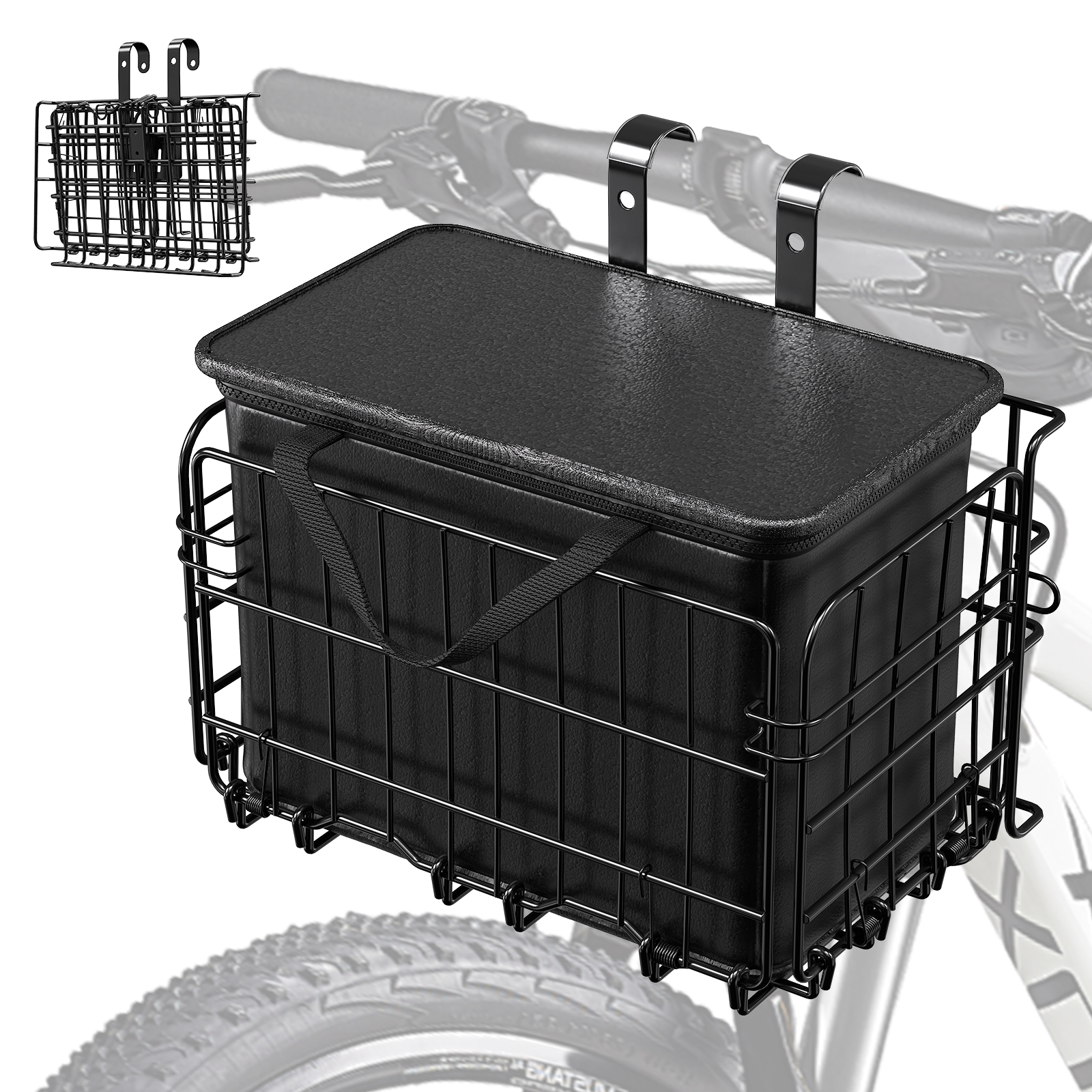 Bike Basket Front, Folding Bicycle Basket with Removable Waterproof Liner Bag, Rear Bike Cargo Rack, Bike Baskets for Adult Bikes Carrying Dogs,Pet,Grocery,Quick Release Design