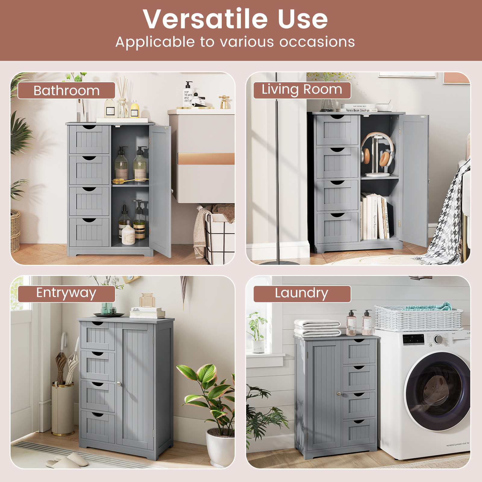 Gymax Bathroom Floor Storage Cabinet Wooden Freestanding Bathroom Storage Unit w/1 Door & 4 Drawers Grey