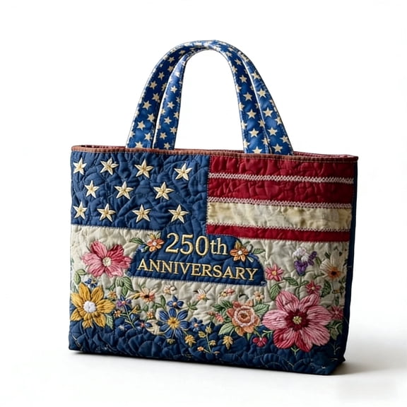 Forestwhale USA Anniversary Collectible Tote Bag Quilted American Flag Embroidered Handbag 14.96" Historical Commemorative Gift for Veterans Community Leaders & Event Attendees