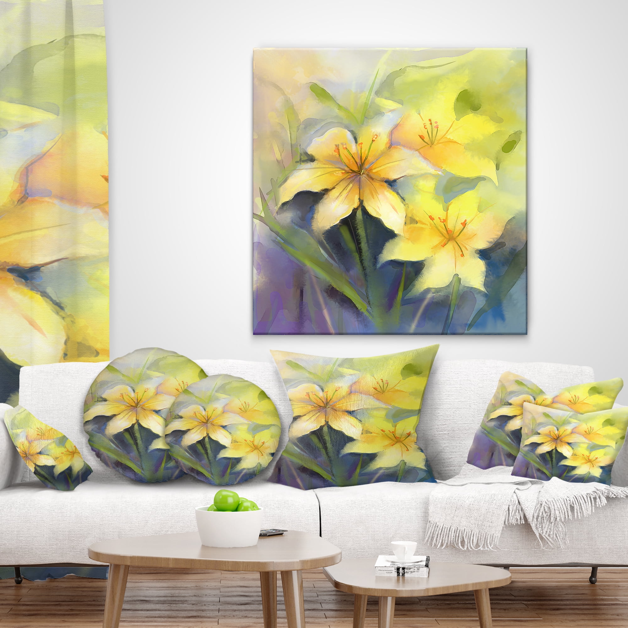 Designart Watercolor Painting Yellow Lily Flower - Floral Throw Pillow - 18x18