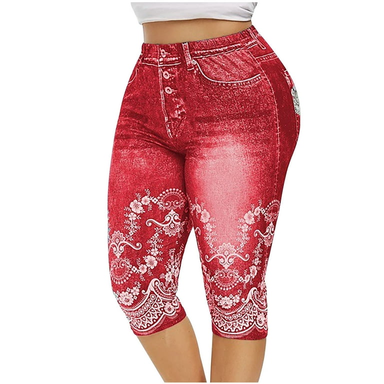 JWZUY Paisley Print Faux Capris Jeans Pants Stretch Soft High Waisted  Jeggings for Women Denim Leggings Cotton Stretch Blend Red XXL 