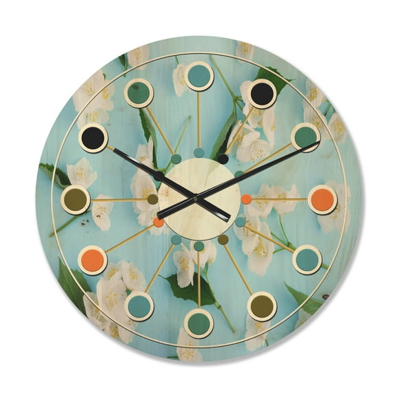 Designart 'Jasmine White Flowers On Bright Blue' Mid-Century Modern Wood Wall Clock
