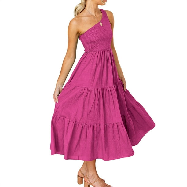 Vestido largo Minnieouse Vestido de mujer estético Sin mangas plisado un hombro color Rosa roja Talla XL
