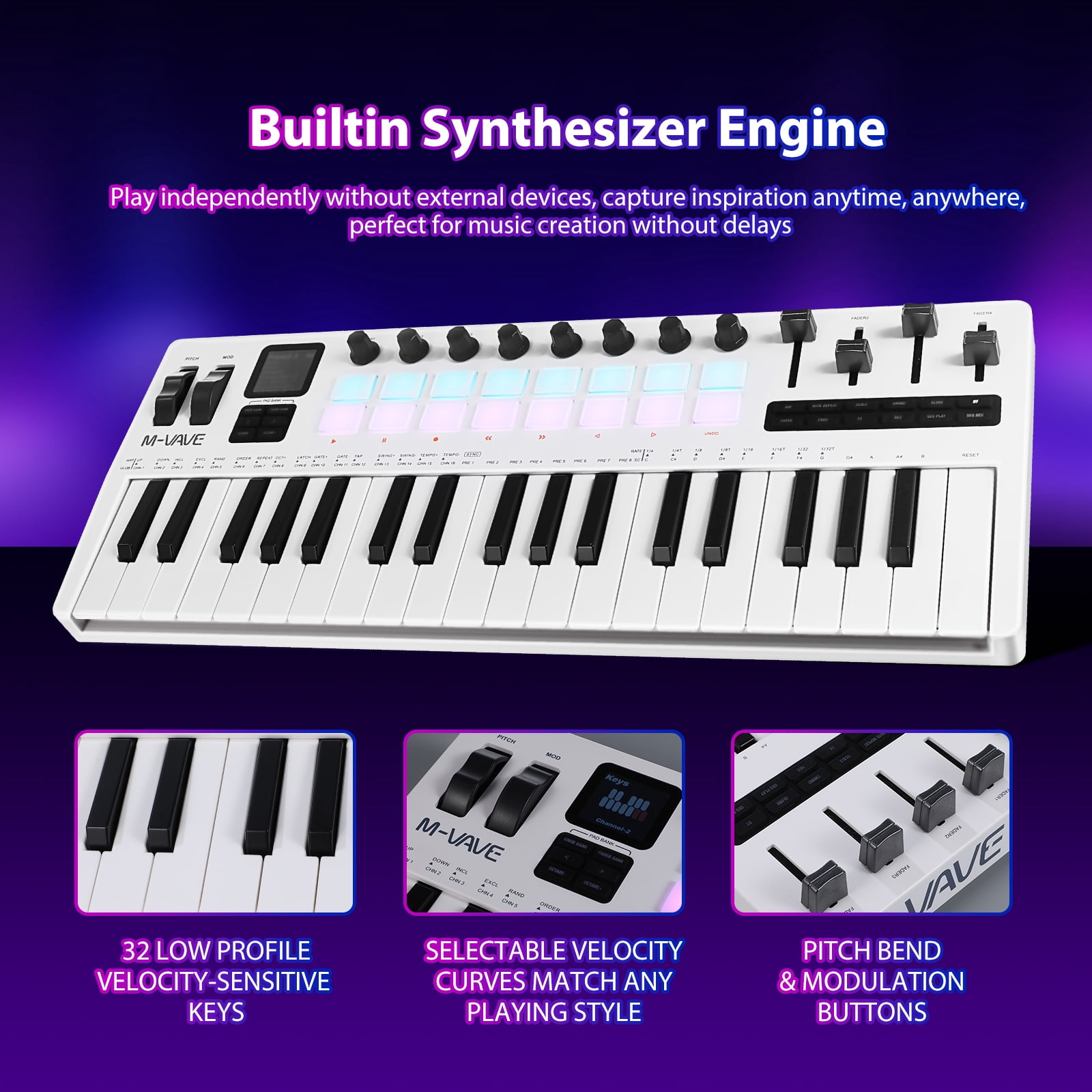 OFFIGAM 1Set MIDI Keyboard 37 Key Portable Keyboard Controller with Backlit Pads White 18.00X7.11X1.97in