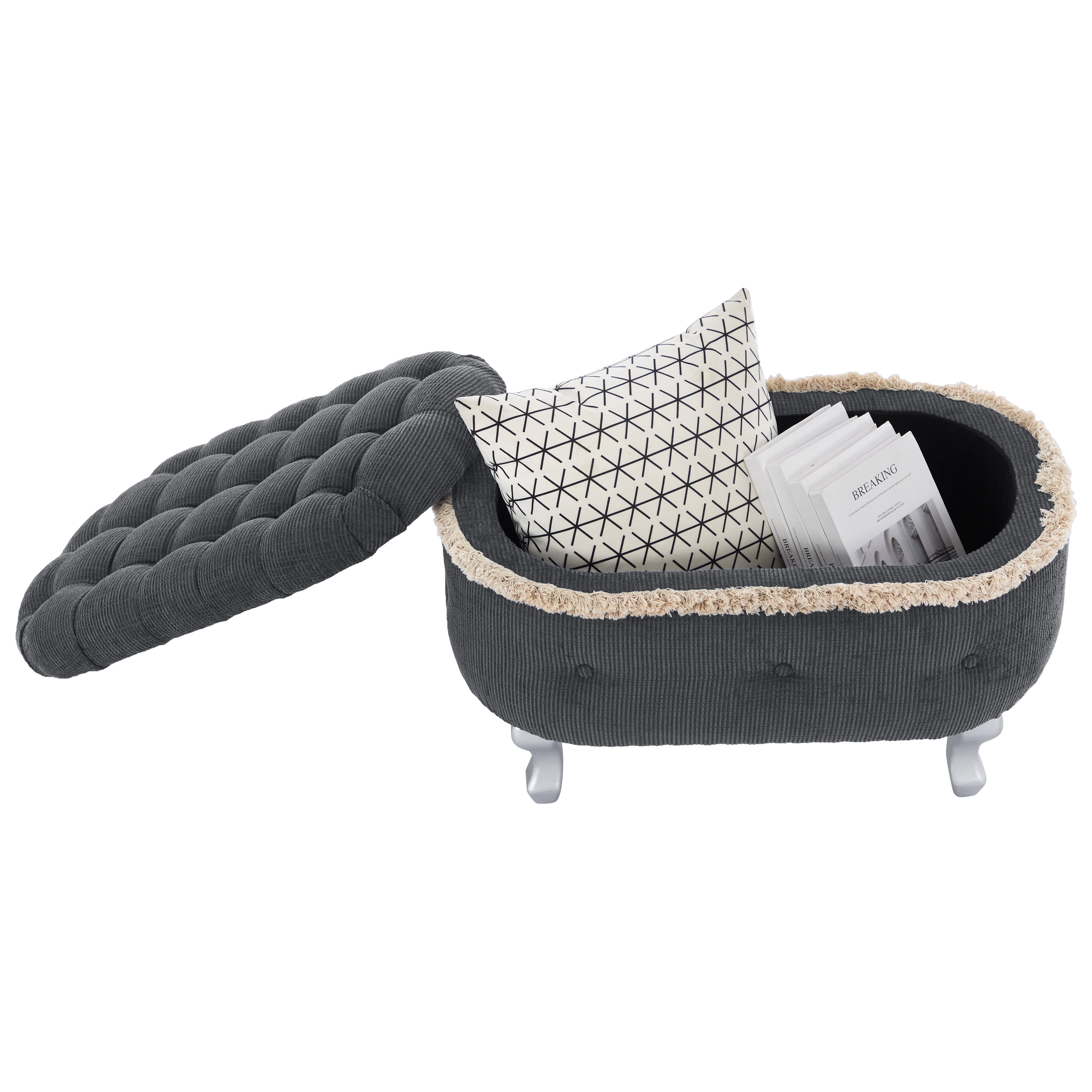 Storage Ottoman Bench with Tufted Design and Tassel Fringe, Multi-Functional Bench for Bedroom Footboard, Entryway Shoe Storage, or Window Seat, High-Density Foam, Grey (29.5"L)