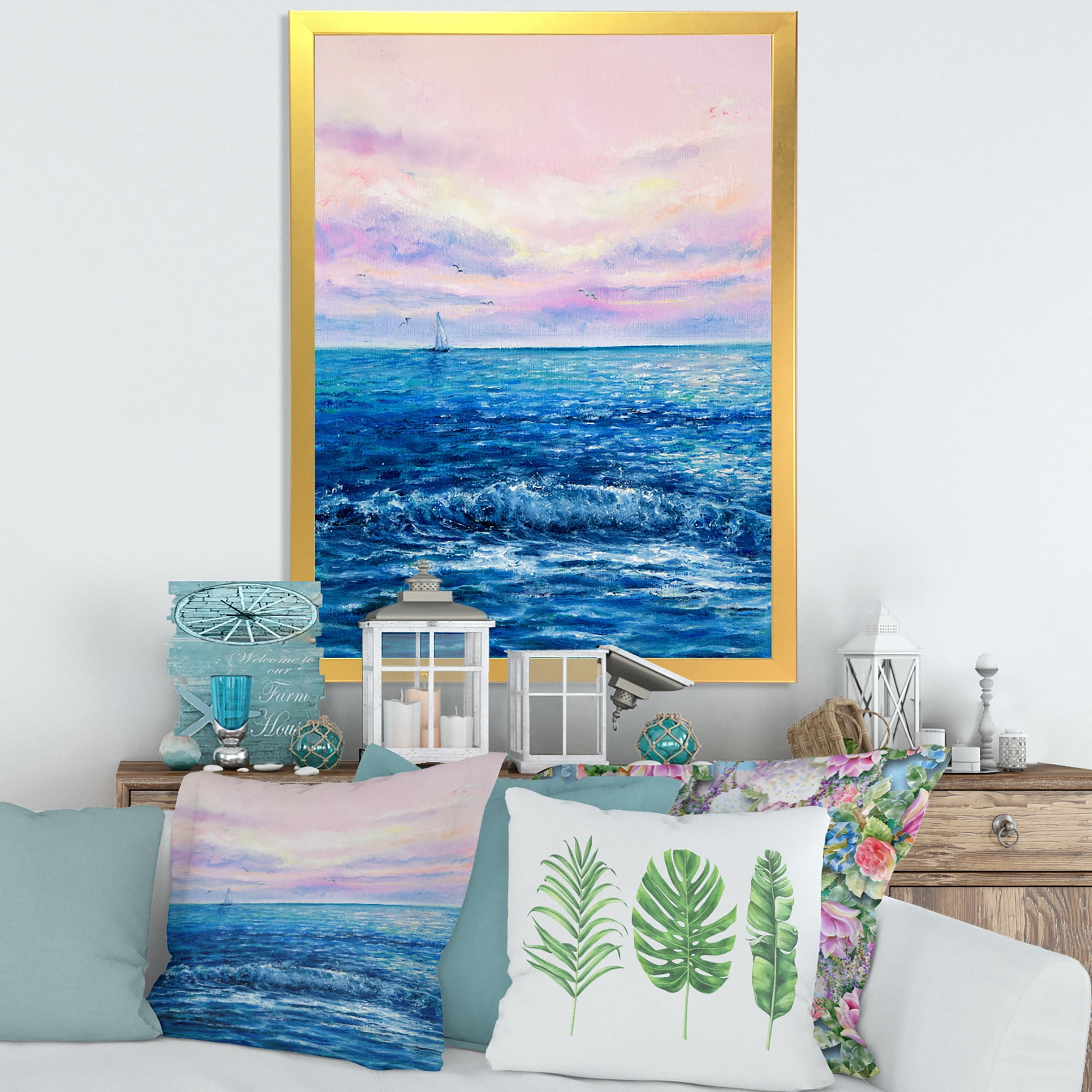 Designart 'Sunrise Glow On The Ocean Waves II' Nautical & Coastal Framed Art Print