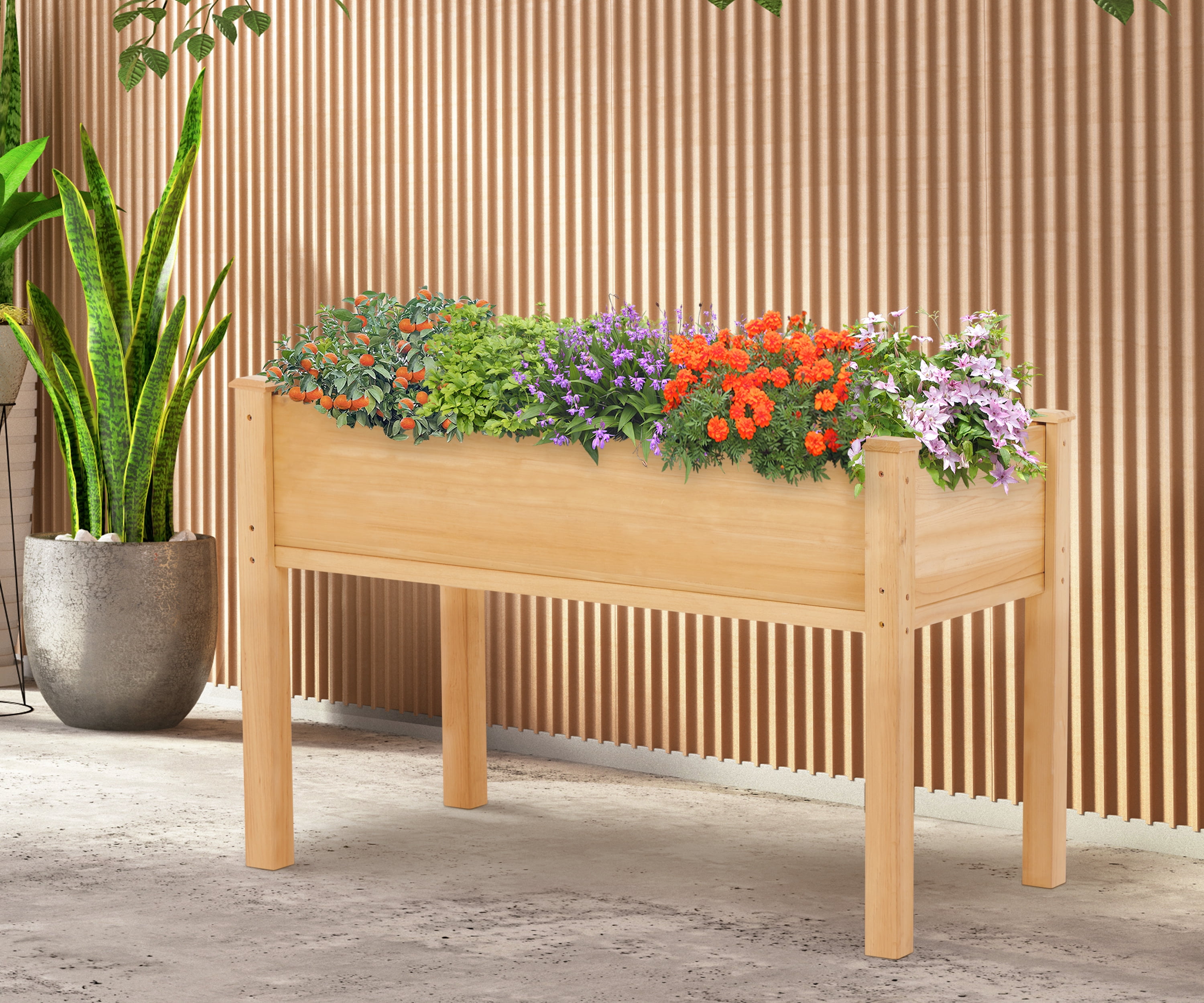 Raised Garden Bed, Elevated Wooden Planter Box W/ Bed Liner, 48" x 24" x 30" W/ Thickness of 2.4'' for Backyard Patio, Brown