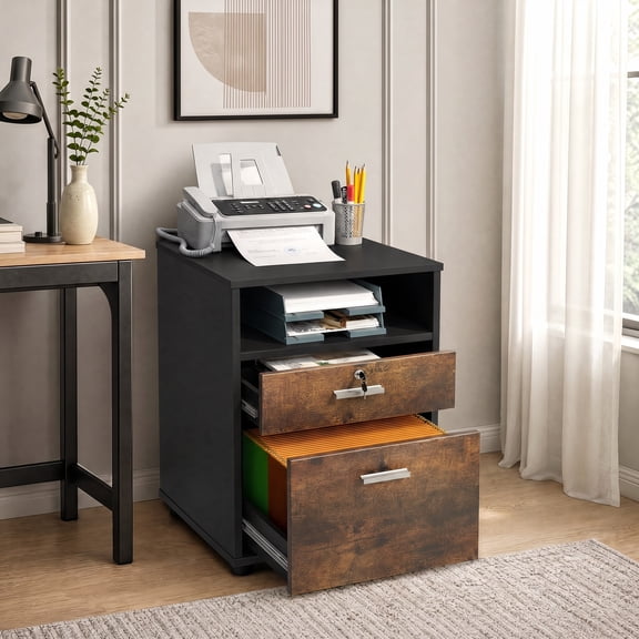 Finmind Mobile File Cabinet with 2 Drawer, Modern Filing Cabinet for Letter Size, Printer Stand with Rolling Wheels and Open Storage Shelf for Home Office