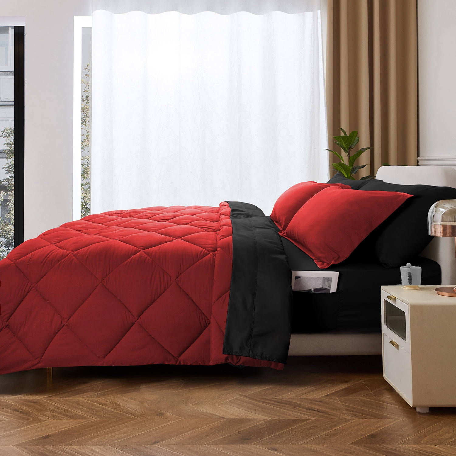 HIG 7 Piece Reversible Full Comforter Set - Red Quilted Down Alternative Bedding All Season Super Soft Microfiber Bed in a Bag Includes Sheets Pillowcases Shams
