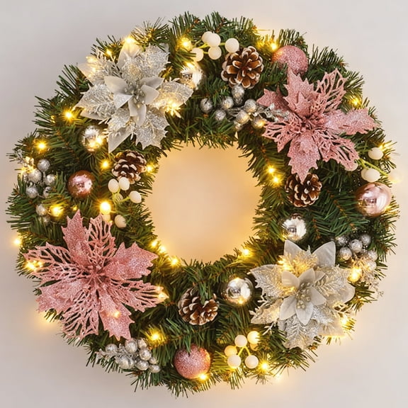 Christmas Wreath for Front Door, 16 Inch Artificial Winter Wreaths Decor with Silver Pink Flower,Pinecone,Berry,Battery Operated Light,Christmas Wreath Decor for Home Indoor Outdoor Wall Window Porch