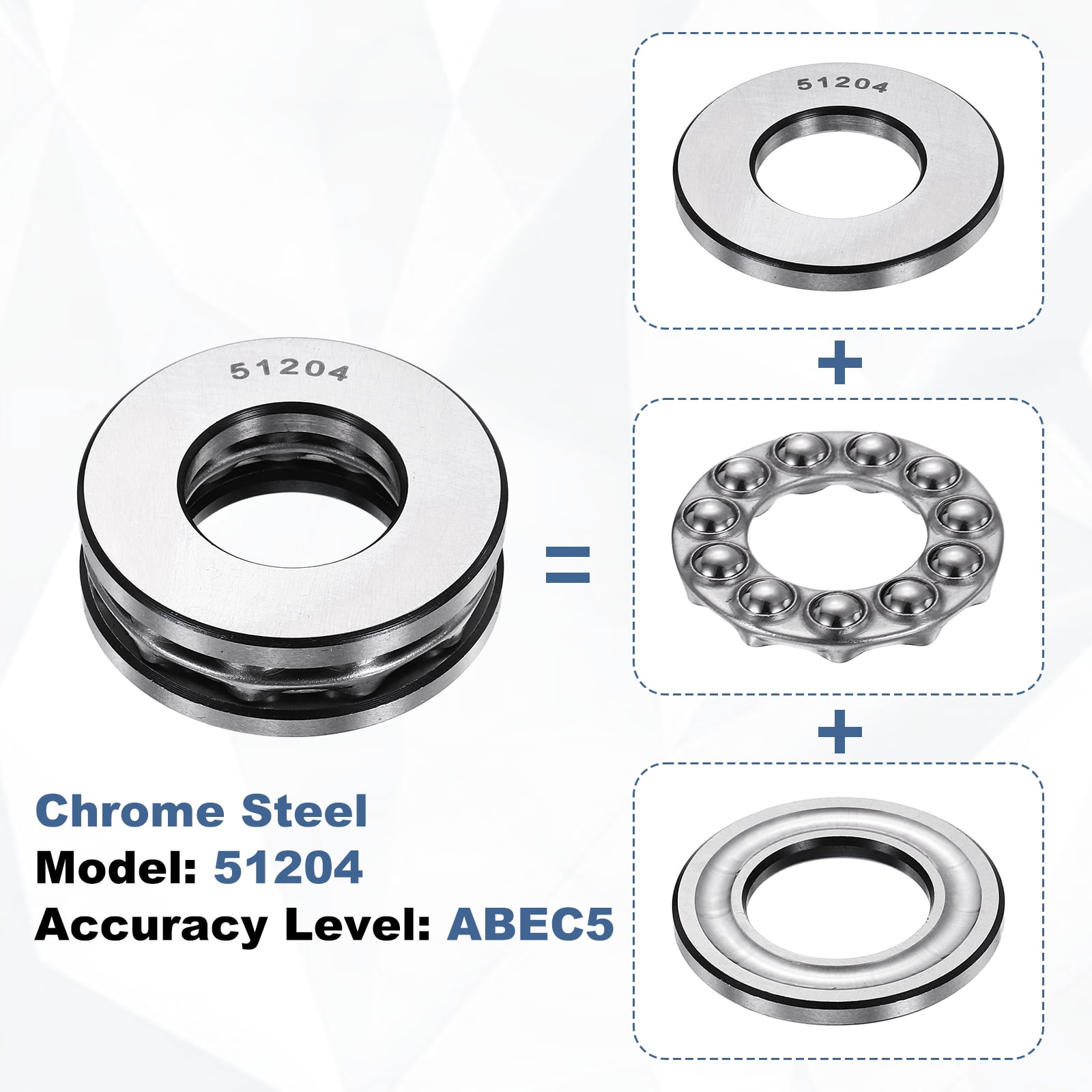 Uxcell 4 Pack Thrust Ball Bearings, 20mm Bore 40mm OD 14mm Thick 51204 Single Row Roller, Chrome Steel Axial Ball Bearing, ABEC5