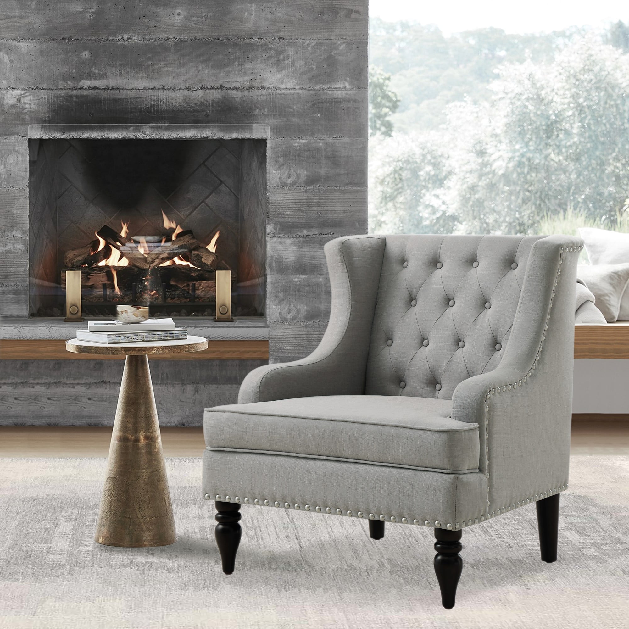 Gewnee Linen Accent Chair/Armchair with Solid Rubberwood Legs - Gray, Suitable for Living Room & Balcony