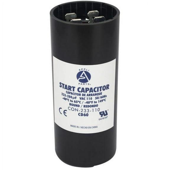 Appli Parts motor start capacitor 233-280 Mfd (microfarads) uF 110-125 VAC universal fit for electric motor applications 1-7/16 in Wide 3-3/8 in Height CON-233-110