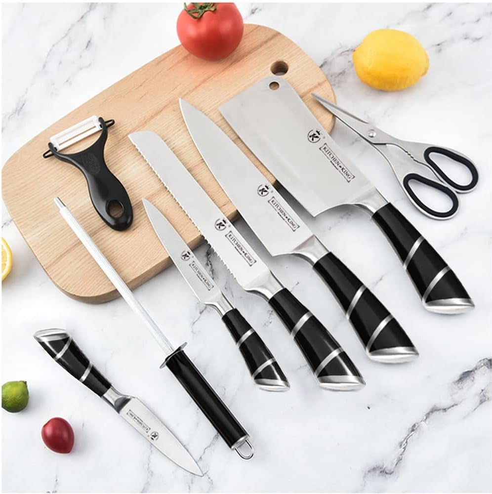Kitchen Knife Set, 9-Pieces Black Sharp Non-Stick Coated Chef Knives Block Set, Stainless Steel Knife Set for Kitchen with Sharpener for Cutting Slicing Dicing Chopping